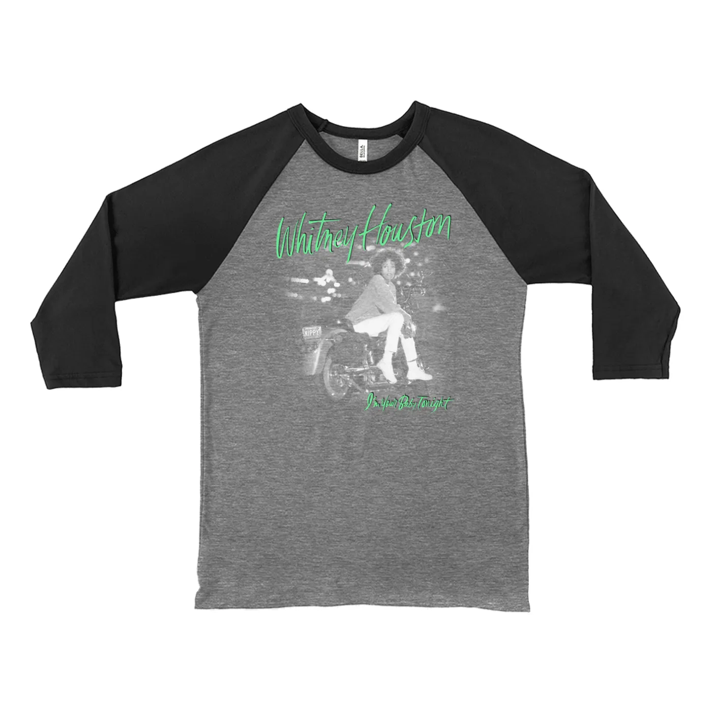 Whitney Houston 3/4 Sleeve Baseball Tee | I'm Your Baby Tonight Album Cover Green Design Whitney Houston Shirt