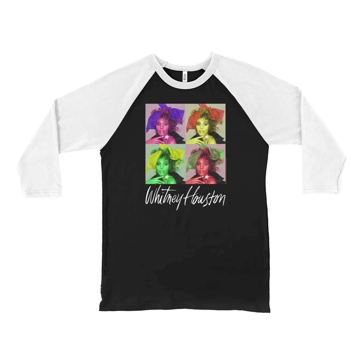 Whitney Houston 3/4 Sleeve Baseball Tee | Pop Art Album Design Distressed Whitney Houston Shirt (Merchbar Exclusive)