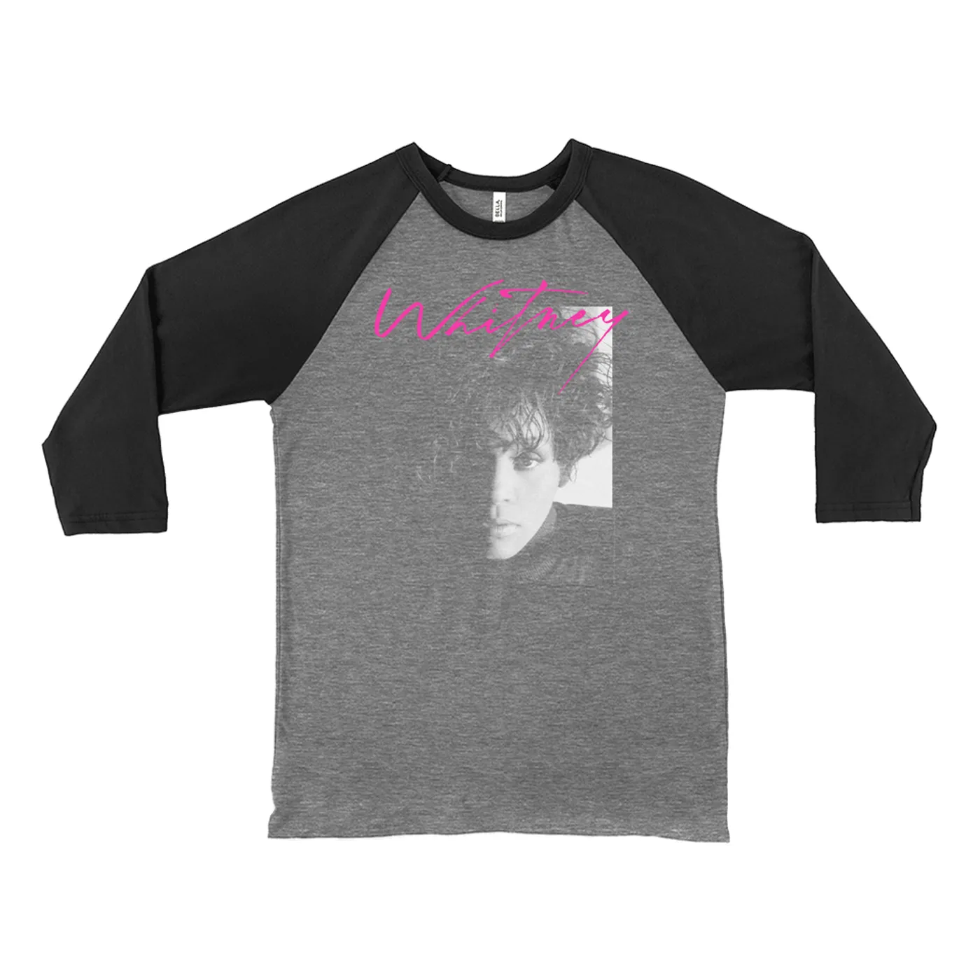 Whitney Houston 3/4 Sleeve Baseball Tee | Dramatic Lighting Photo And Pink Signature Image Whitney Houston Shirt