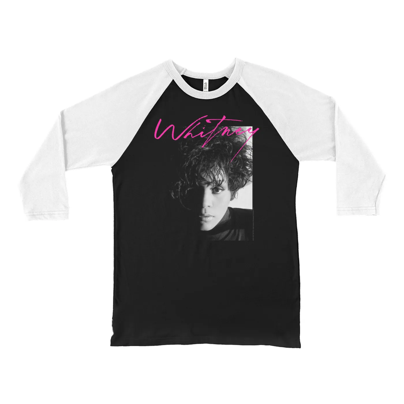 Whitney Houston 3/4 Sleeve Baseball Tee | Dramatic Lighting Photo And Pink Signature Image Whitney Houston Shirt