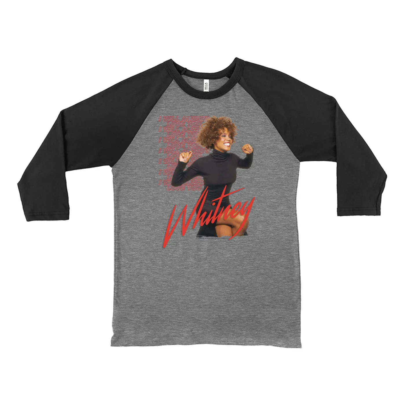 Whitney Houston 3/4 Sleeve Baseball Tee | I Will Always Love You Red Repeating Image Whitney Houston Shirt