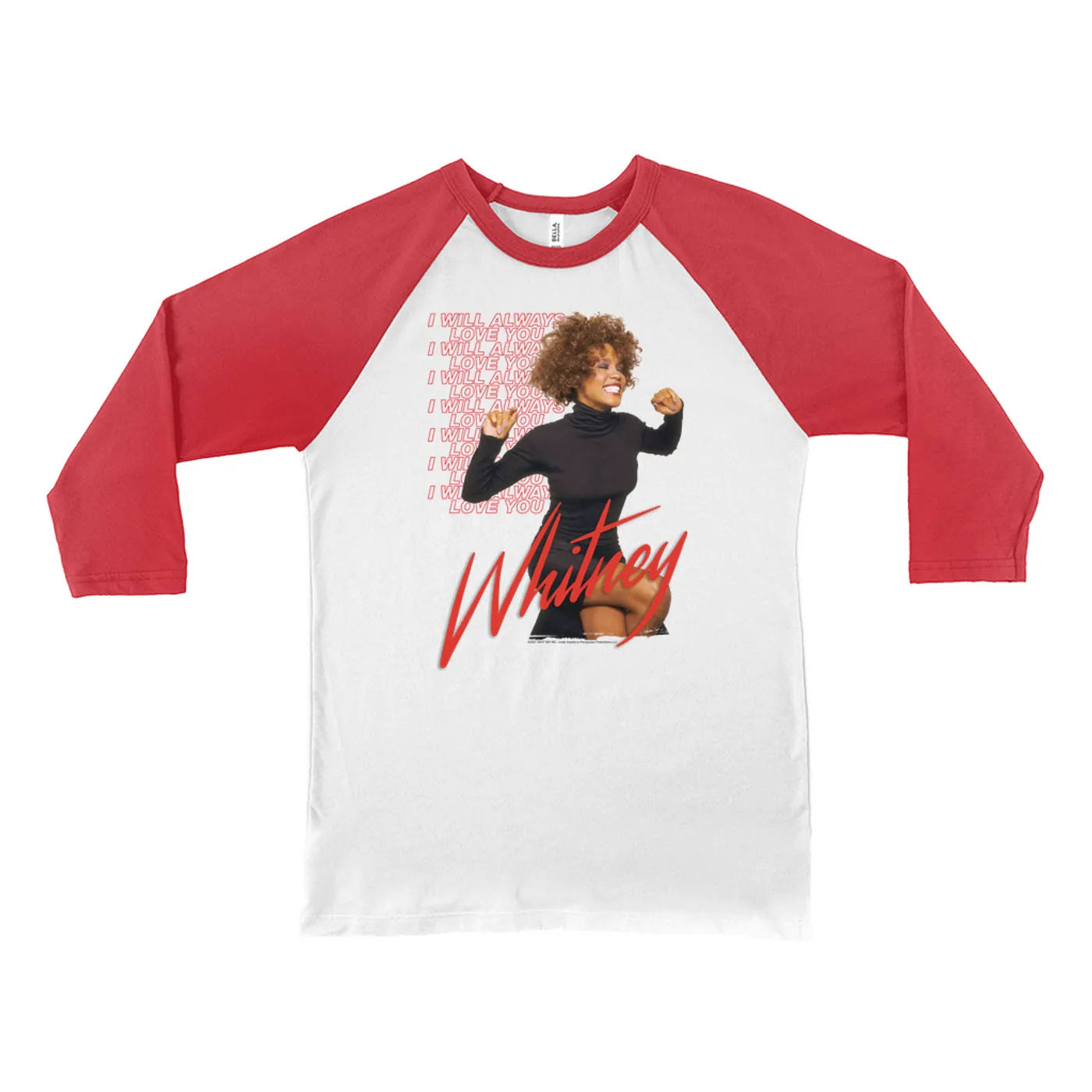 Whitney Houston 3/4 Sleeve Baseball Tee | I Will Always Love You Red Repeating Image Whitney Houston Shirt