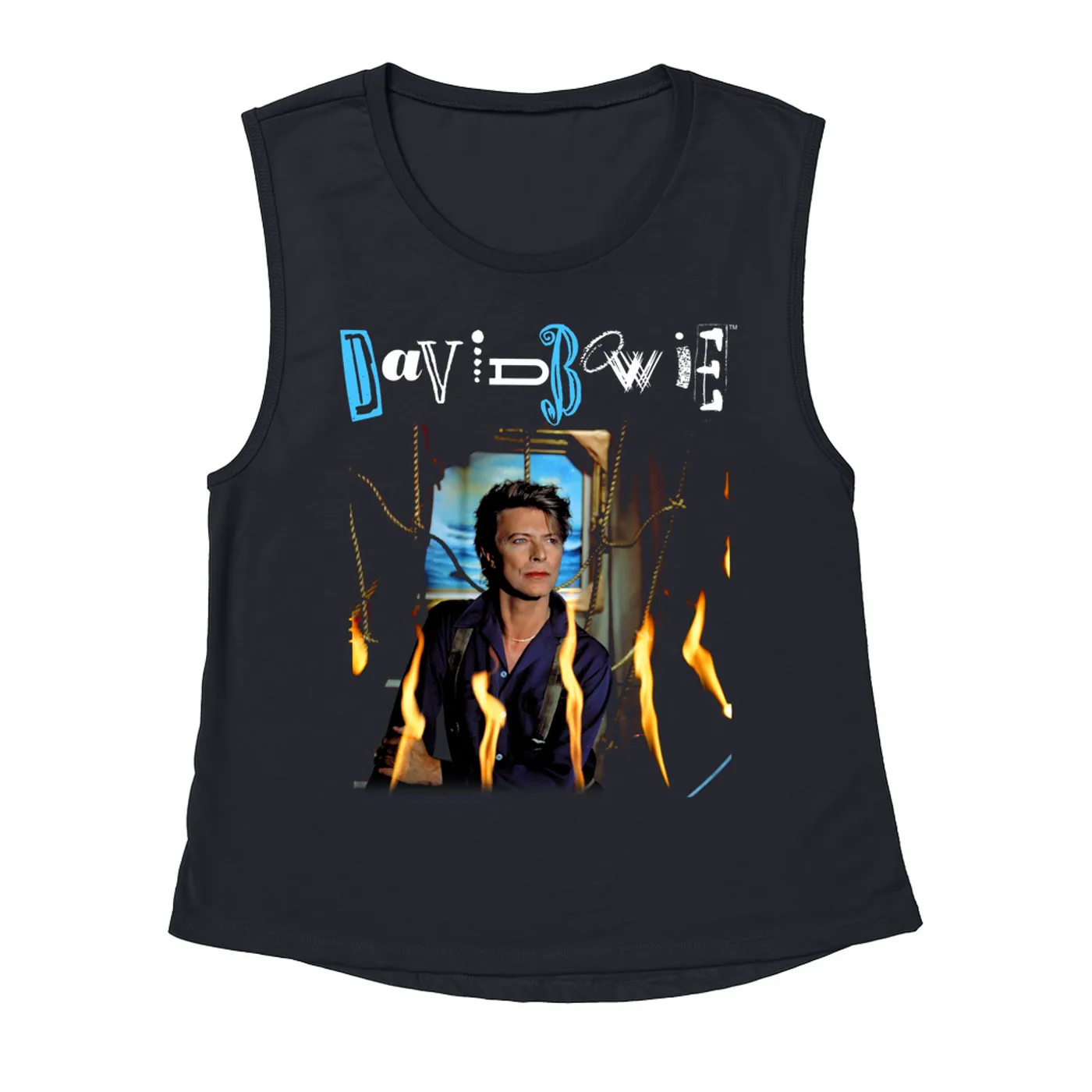 David Bowie Ladies' Muscle Tank Top | Never Let Me Down Album Photo And Logo David Bowie Shirt