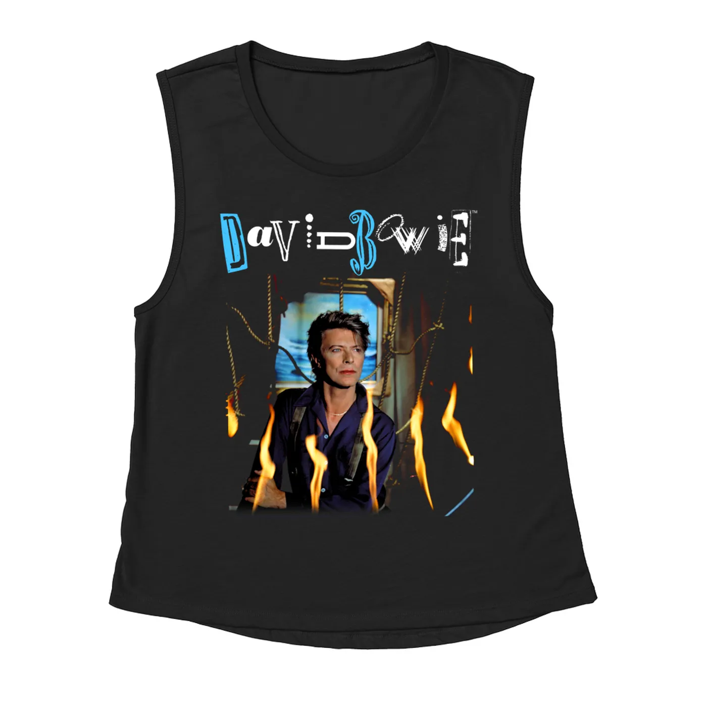 David Bowie Ladies' Muscle Tank Top | Never Let Me Down Album Photo And Logo David Bowie Shirt