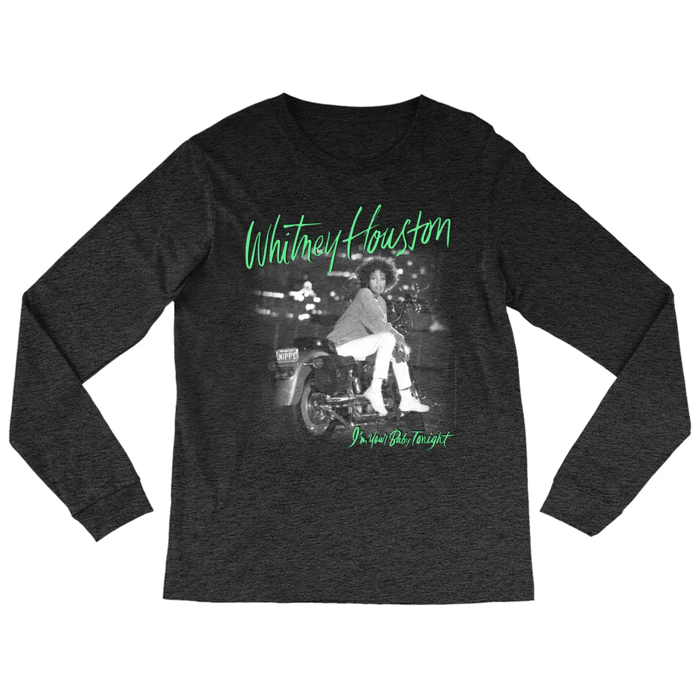 Whitney Houston Heather Long Sleeve Shirt | I'm Your Baby Tonight Album Cover Green Design Whitney Houston Shirt