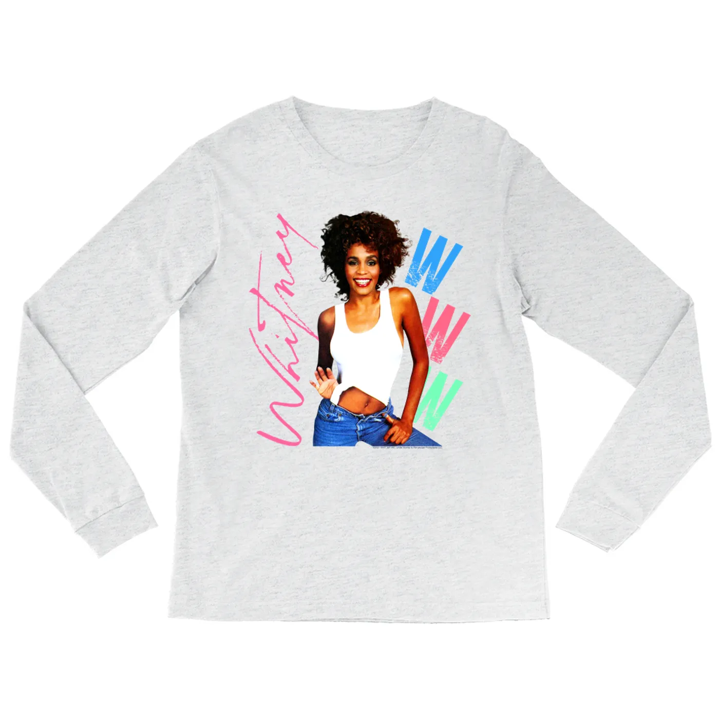 Whitney Houston Heather Long Sleeve Shirt | Whitney Pastel W Design Whitney Houston Shirt