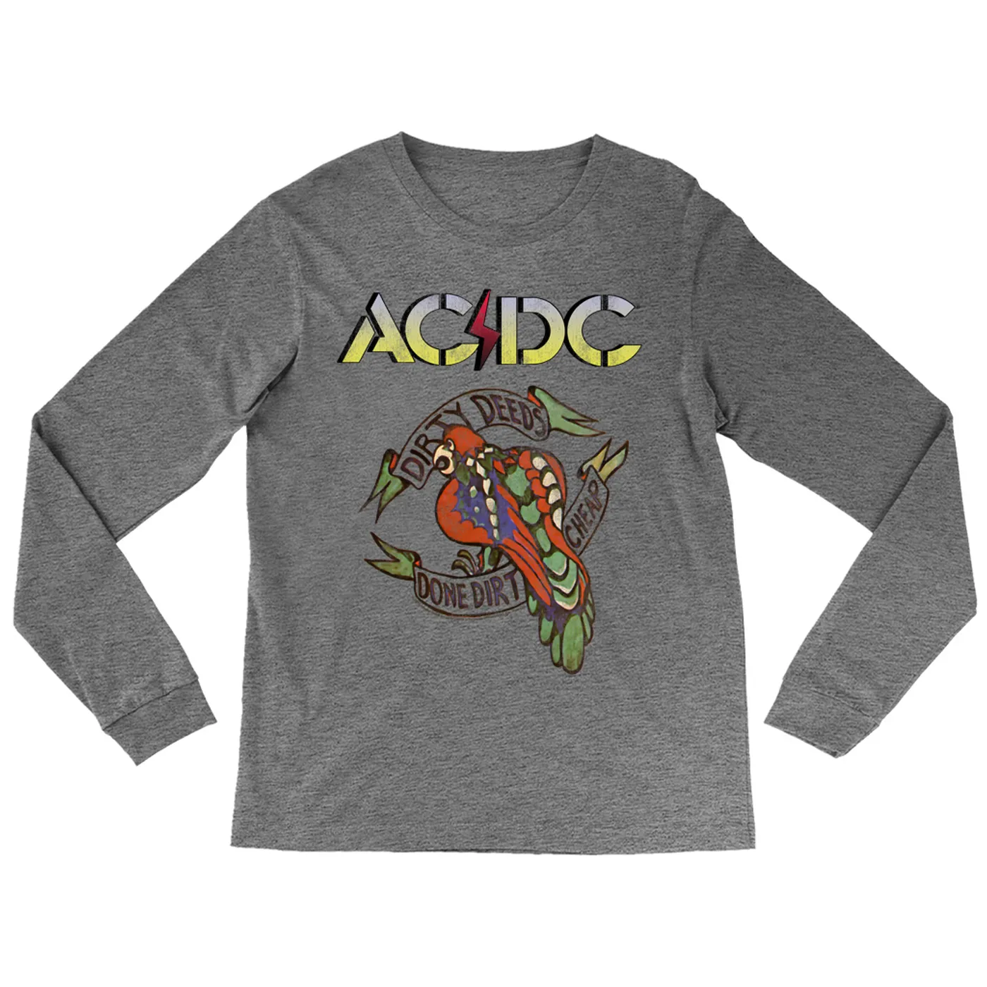 AC/DC Heather Long Sleeve Shirt | Dirty Deeds Done Dirt Cheap Tattoo Design ACDC Shirt (Merchbar Exclusive)