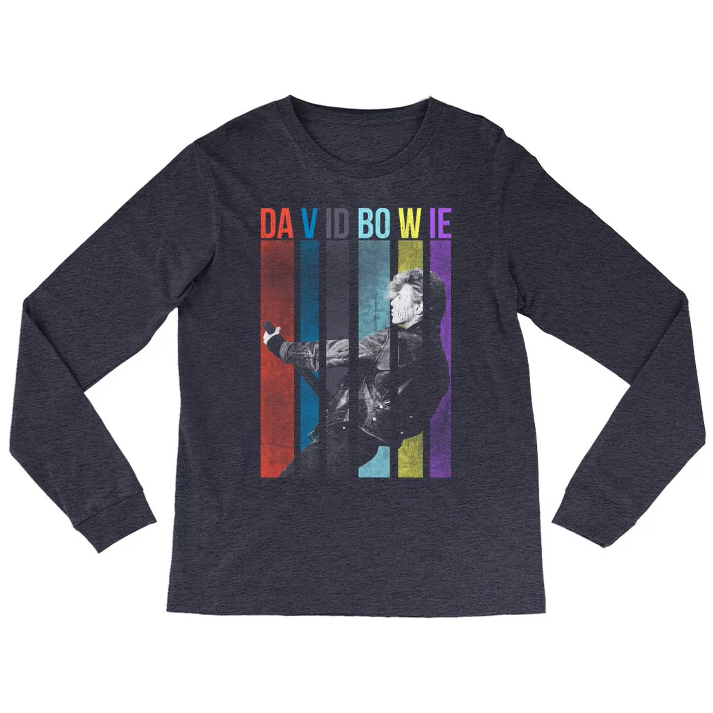 David Bowie Heather Long Sleeve Shirt | Colorful Bowie With Guitar Design David Bowie Shirt (Merchbar Exclusive)