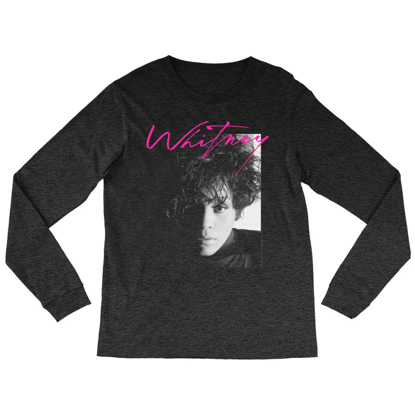 Whitney Houston Heather Long Sleeve Shirt | Dramatic Lighting Photo And Pink Signature Image Whitney Houston Shirt