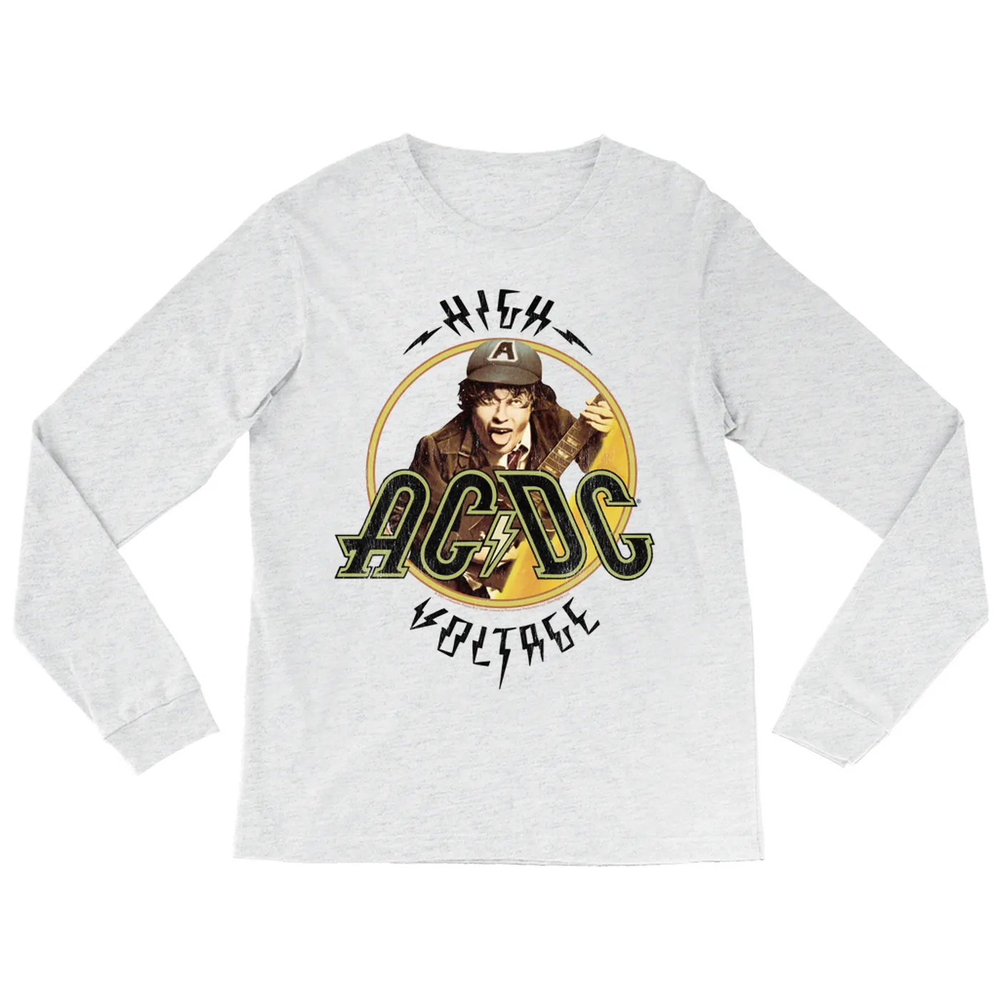 AC/DC Heather Long Sleeve Shirt | High Voltage Album Design Distressed ACDC Shirt
