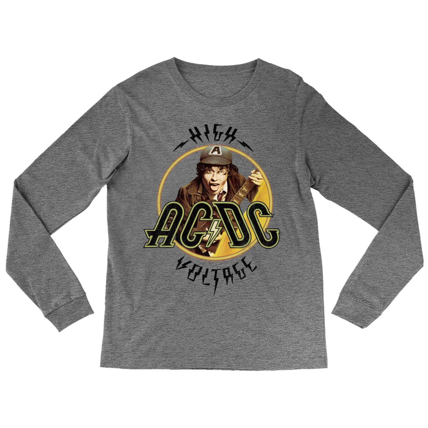 AC/DC Heather Long Sleeve Shirt | High Voltage Album Design Distressed ACDC Shirt