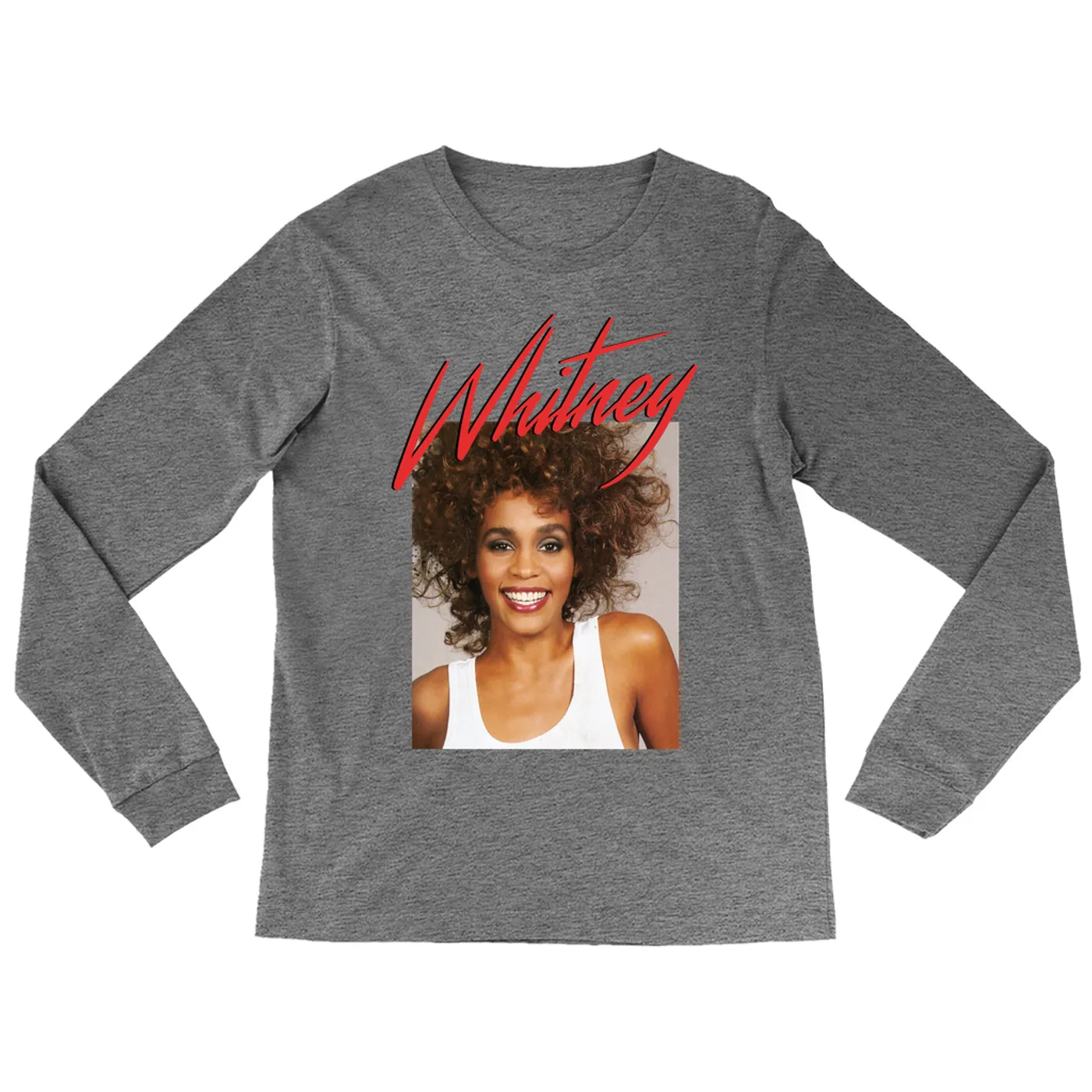 Whitney Houston Heather Long Sleeve Shirt | 1987 Photo And Red Logo Image Whitney Houston Shirt
