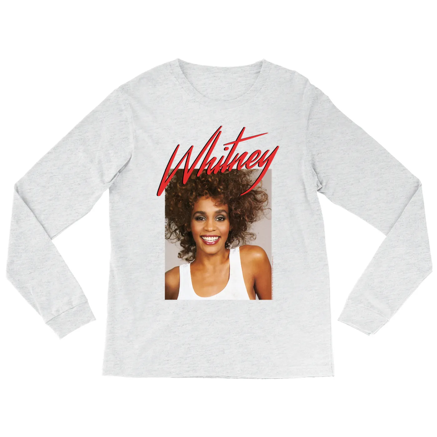 Whitney Houston Heather Long Sleeve Shirt | 1987 Photo And Red Logo Image Whitney Houston Shirt