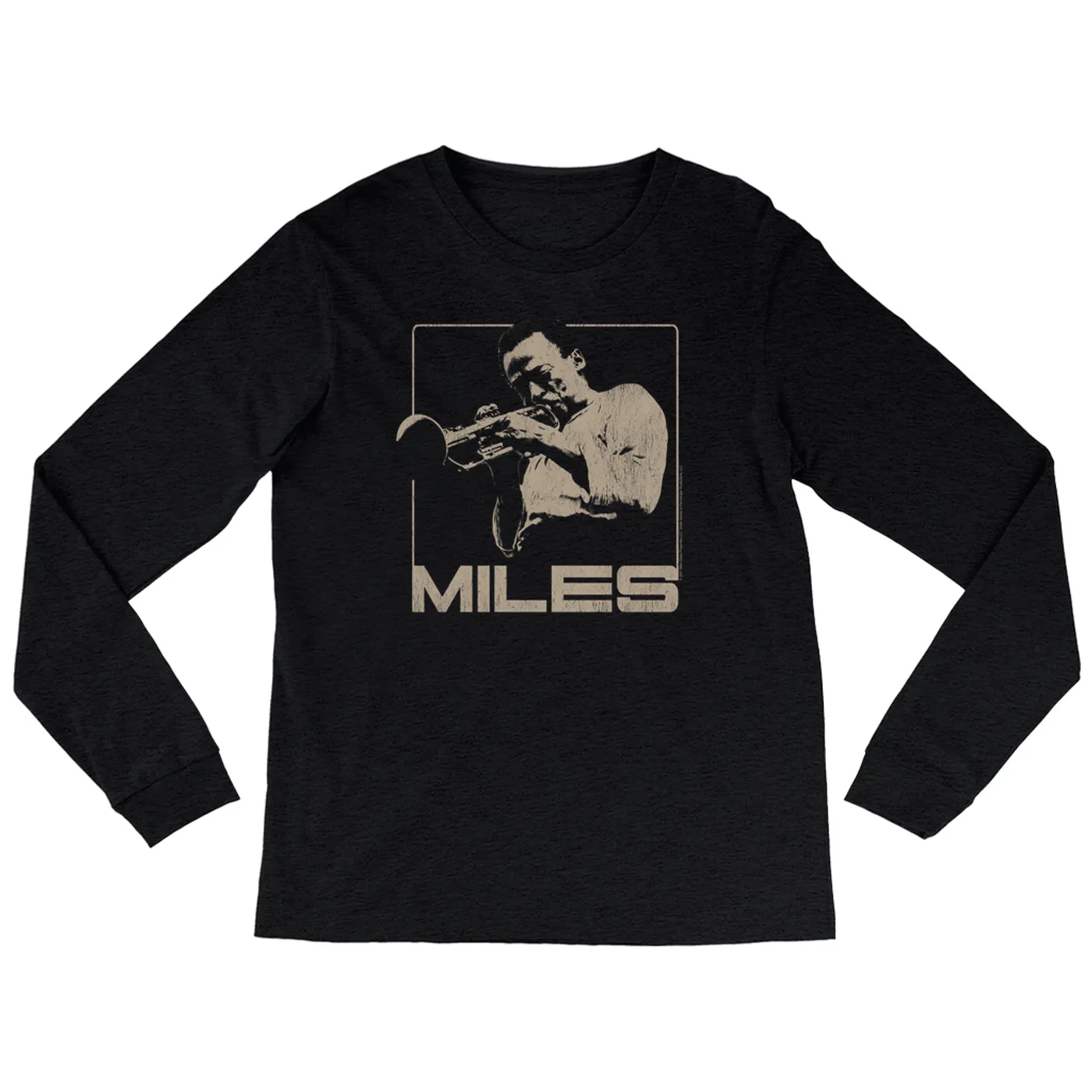 Miles Davis Heather Long Sleeve Shirt | Miles Playing Trumpet Distressed Design Miles Davis Shirt (Merchbar Exclusive)