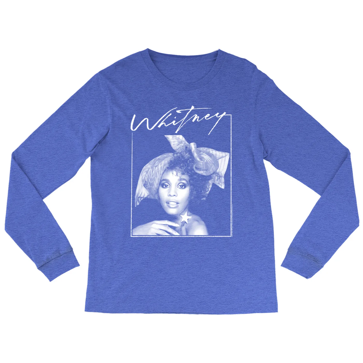 Whitney Houston Heather Long Sleeve Shirt | 1987 Whitney Signature And White Photo Image Whitney Houston Shirt (Merchbar Exclusive)