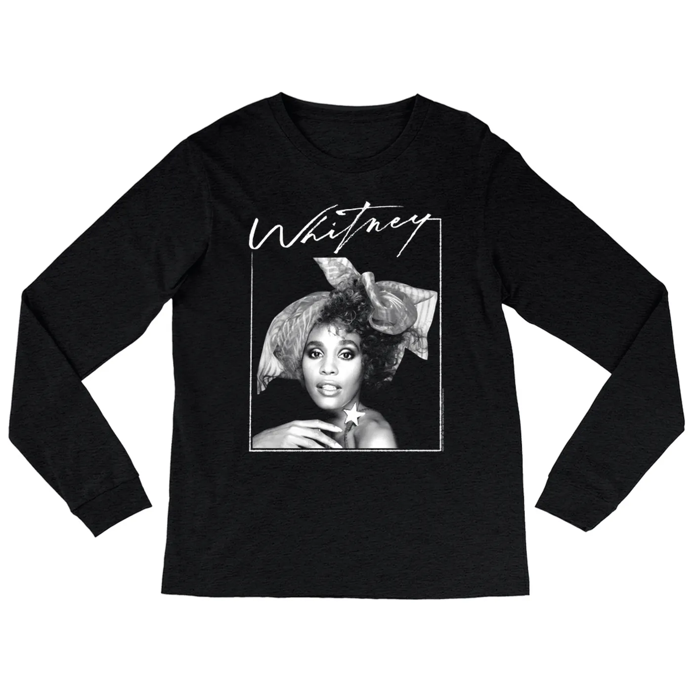 Whitney Houston Heather Long Sleeve Shirt | 1987 Whitney Signature And White Photo Image Whitney Houston Shirt (Merchbar Exclusive)