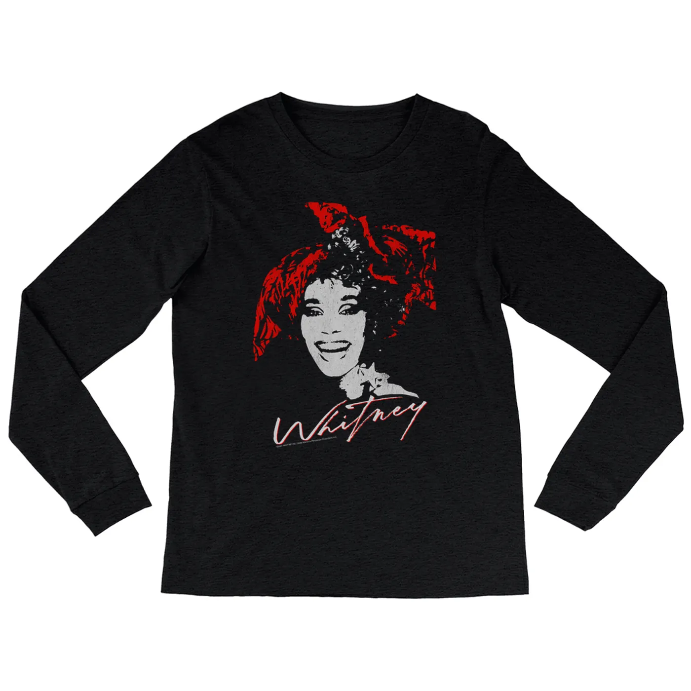 Whitney Houston Heather Long Sleeve Shirt | 1987 Red Scarf Photo Design With Logo Distressed Whitney Houston Shirt (Merchbar Exclusive)