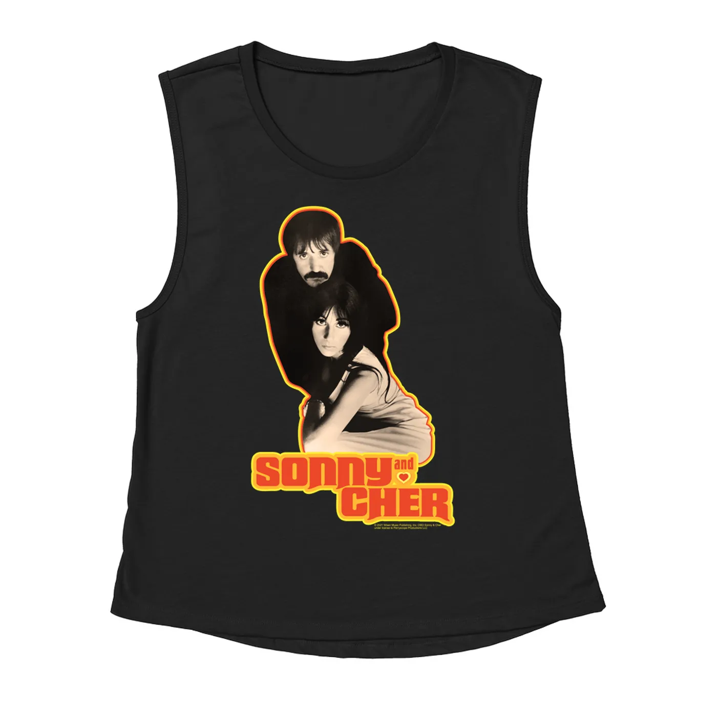 Sonny & Cher Ladies' Muscle Tank Top | The Two Of Us Yellow Retro Design Sonny and Cher Shirt (Merchbar Exclusive)