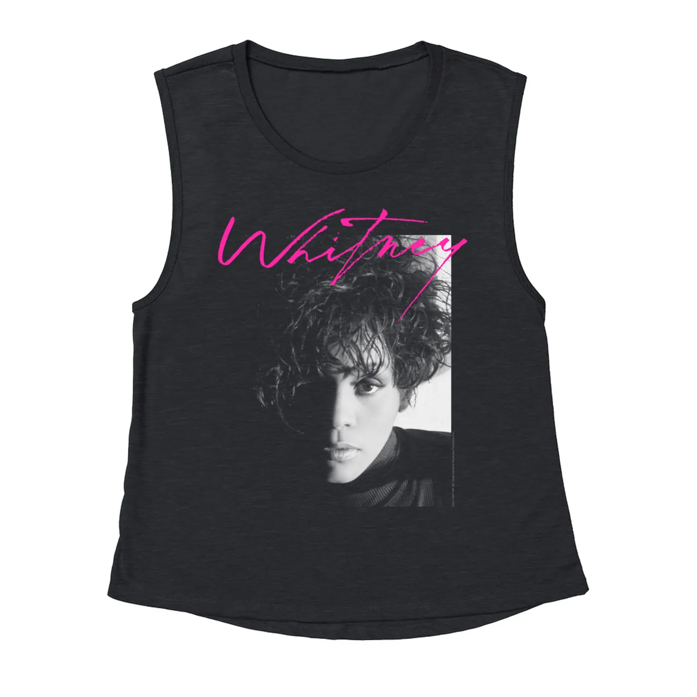 Whitney Houston Ladies' Muscle Tank Top | Dramatic Lighting Photo And Pink Signature Image Whitney Houston Shirt