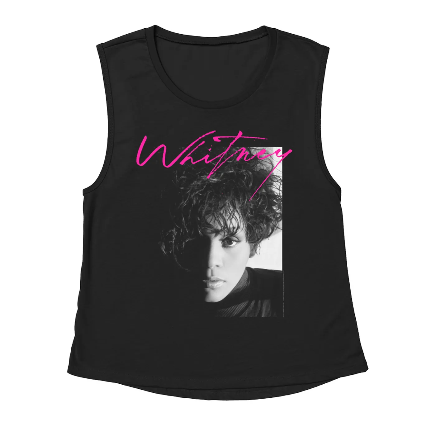 Whitney Houston Ladies' Muscle Tank Top | Dramatic Lighting Photo And Pink Signature Image Whitney Houston Shirt