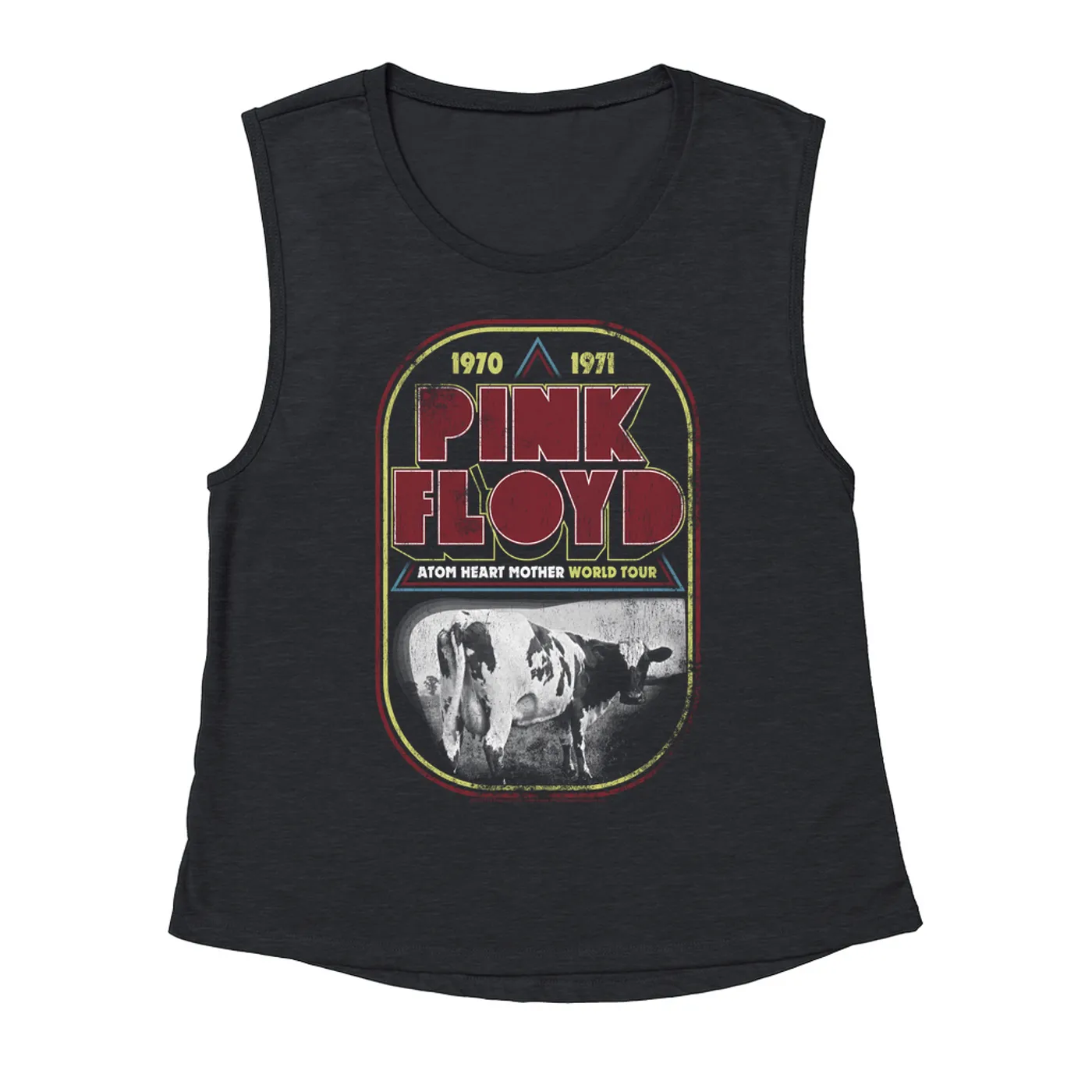 Pink Floyd Ladies' Muscle Tank Top | Atom Heart Mother World Tour Design Distressed Pink Floyd Shirt