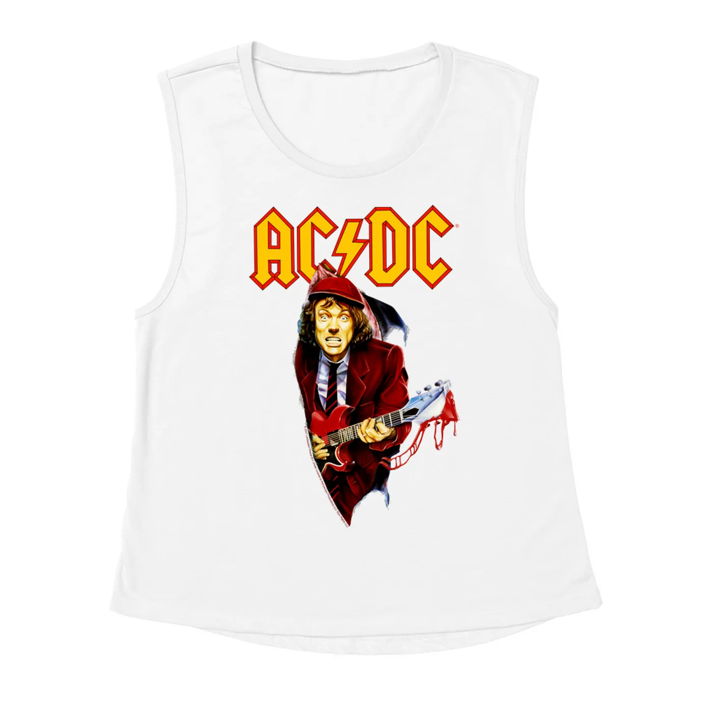 AC/DC Ladies' Muscle Tank Top | Angus Young With Bloody Guitar Design ACDC Shirt
