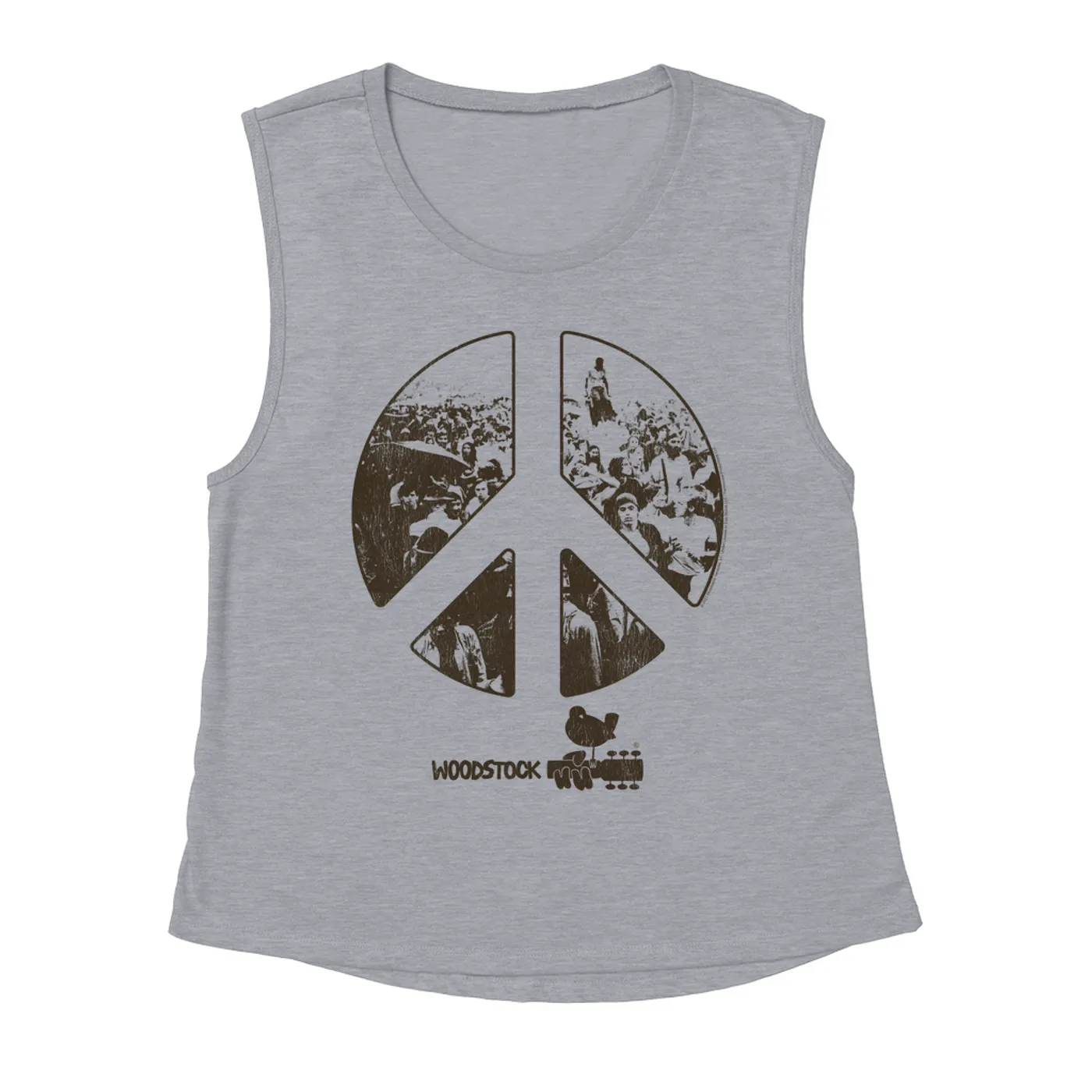 Woodstock Ladies' Muscle Tank Top | Crowd Photo Peace Sign Woodstock Shirt