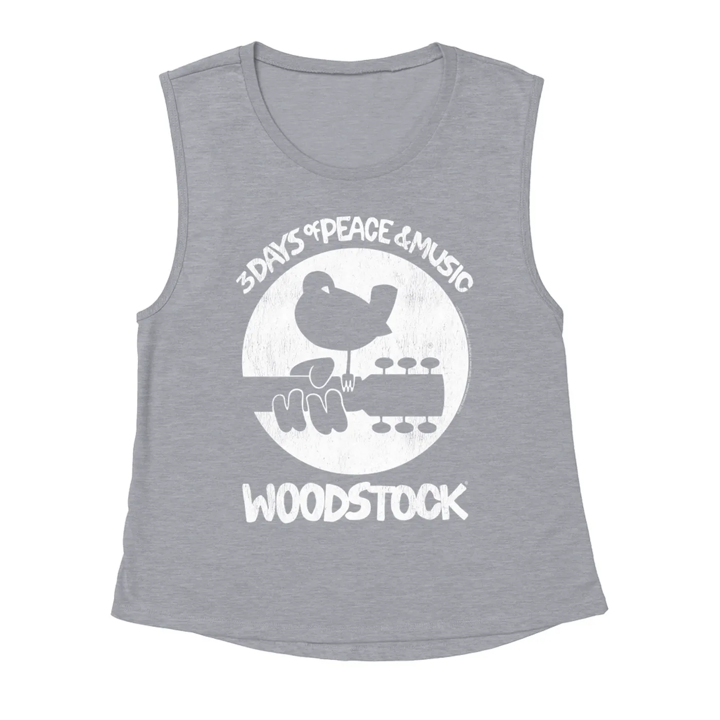 Woodstock Ladies' Muscle Tank Top | Woodstock Bird And Guitar All In White Woodstock Shirt