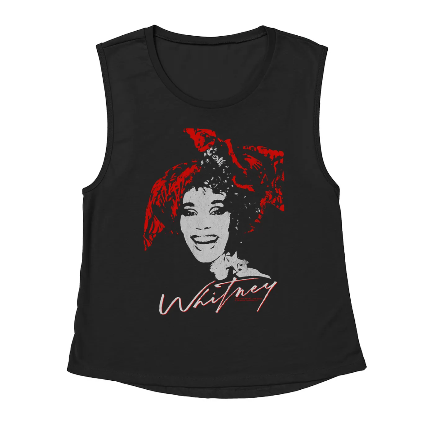 Whitney Houston Ladies' Muscle Tank Top | 1987 Red Scarf Photo Design With Logo Distressed Whitney Houston Shirt (Merchbar Exclusive)