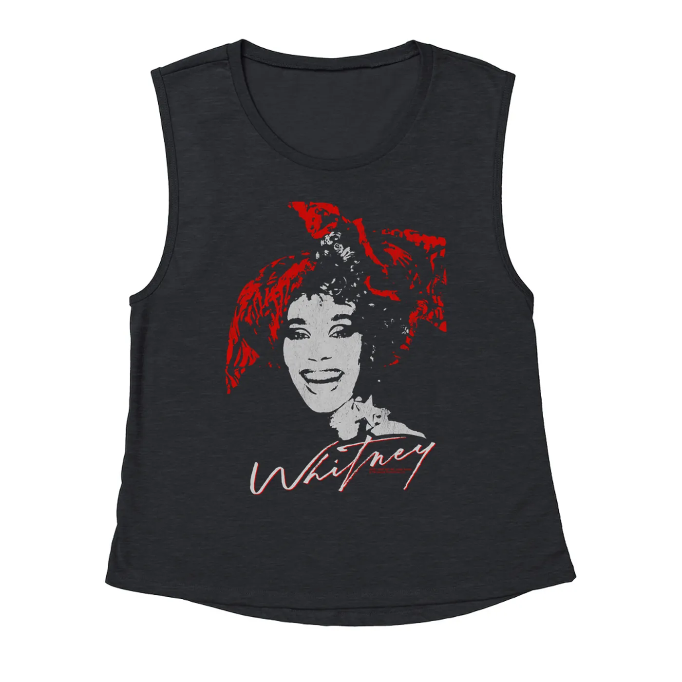 Whitney Houston Ladies' Muscle Tank Top | 1987 Red Scarf Photo Design With Logo Distressed Whitney Houston Shirt (Merchbar Exclusive)