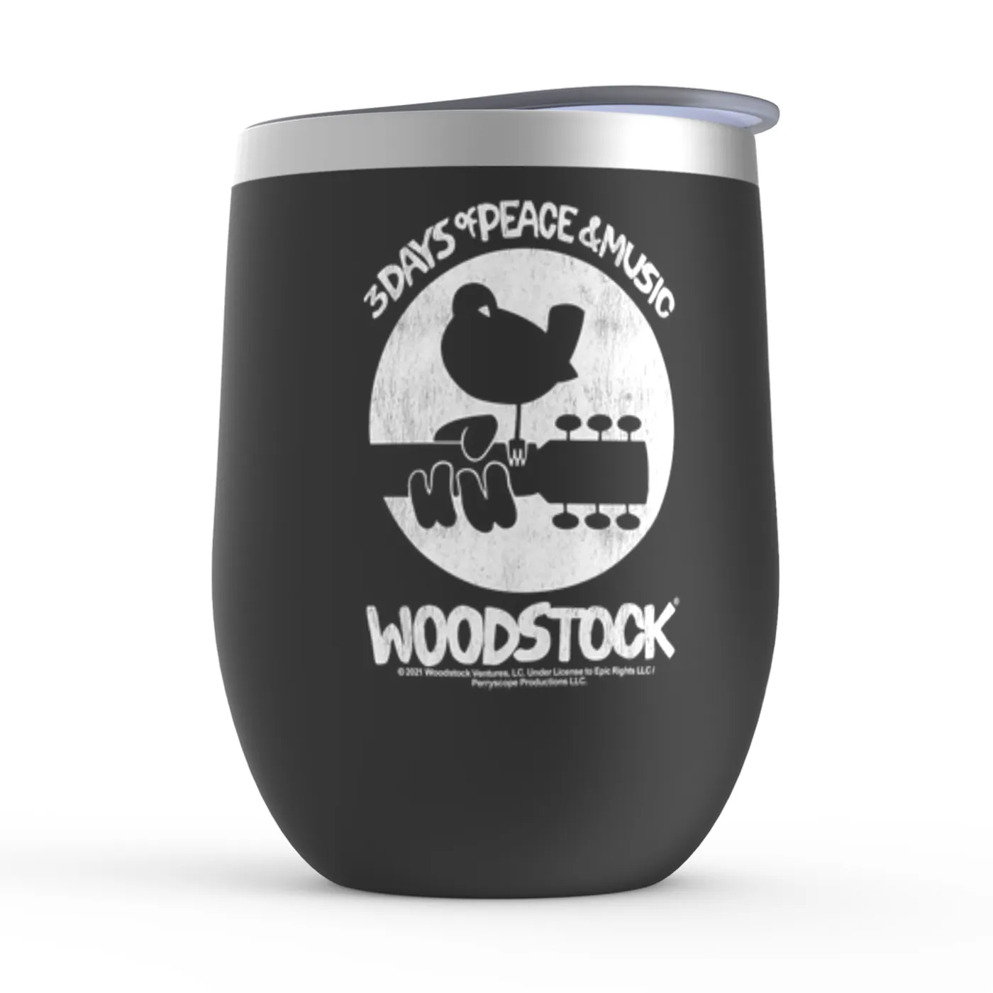 Woodstock Wine Tumbler | Woodstock Bird And Guitar All In White Woodstock Stemless Wine Tumbler (Merchbar Exclusive)