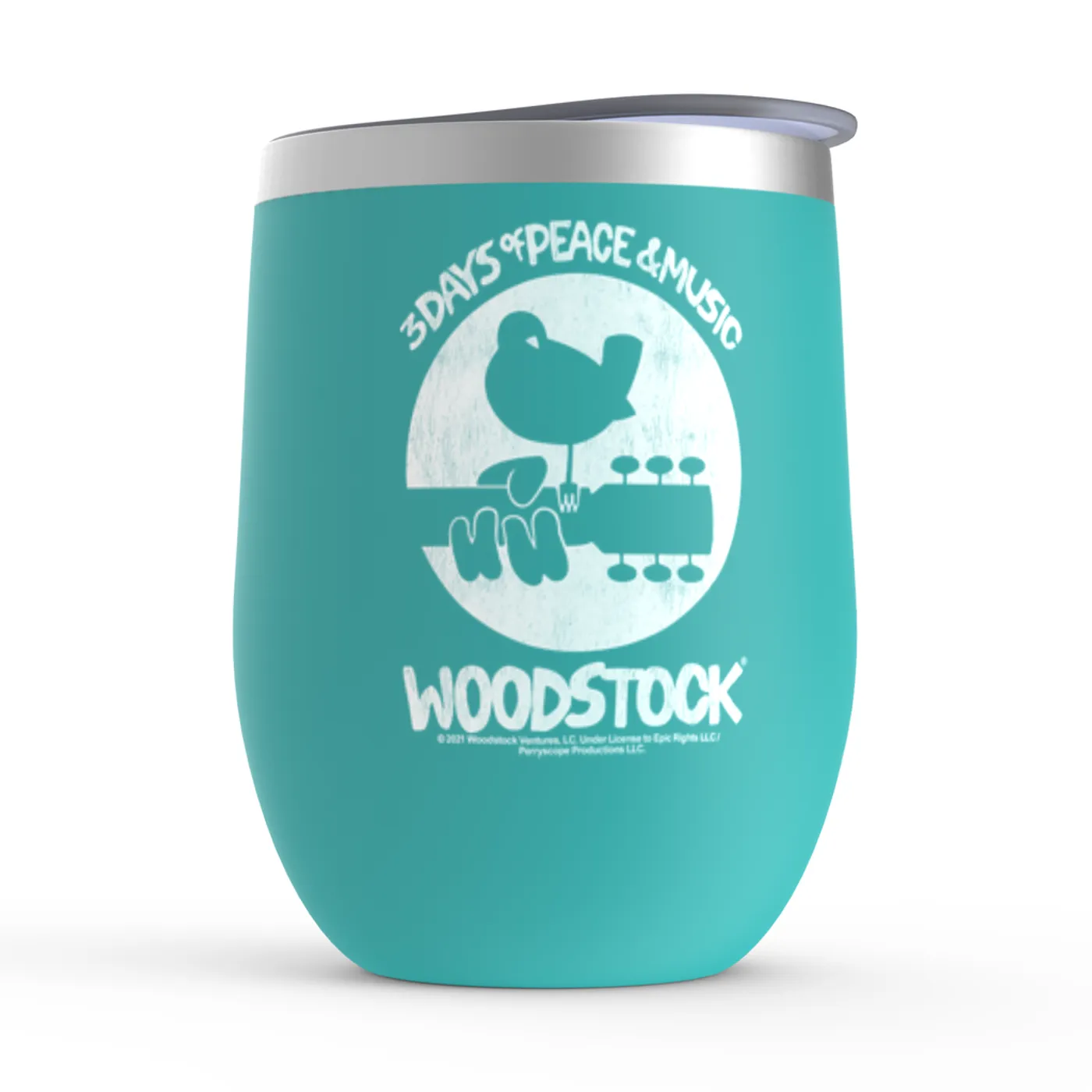 Woodstock Wine Tumbler | Woodstock Bird And Guitar All In White Woodstock Stemless Wine Tumbler (Merchbar Exclusive)