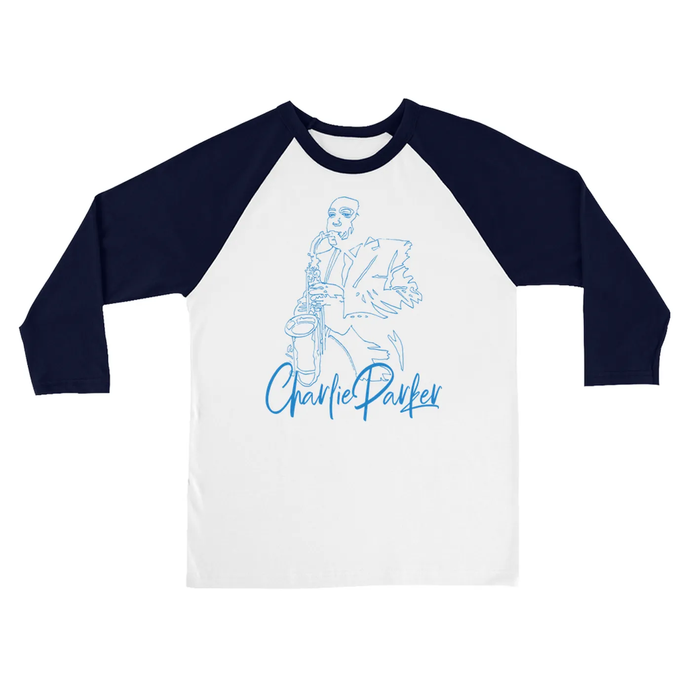 Charlie Parker 3/4 Sleeve Baseball Tee | Charlie Blue Line Portrait Image Charlie Parker Shirt (Merchbar Exclusive)