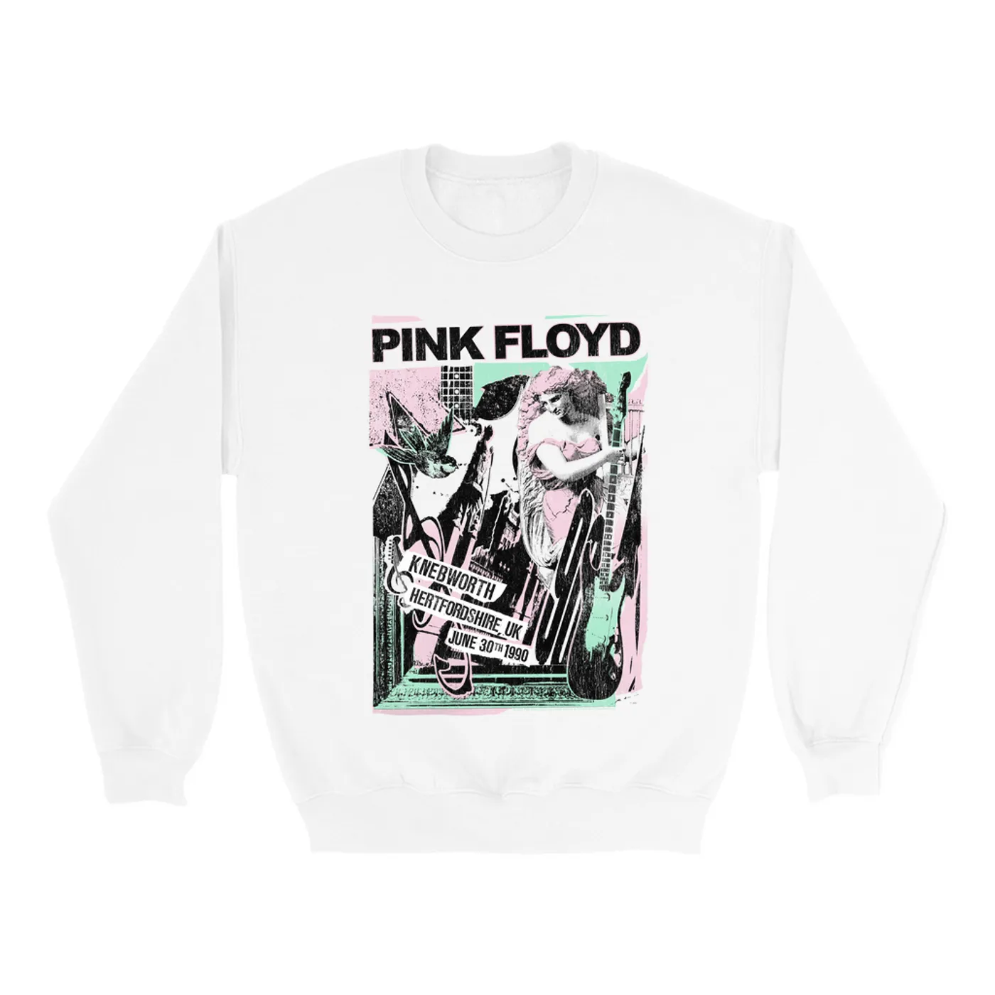 Pink Floyd Sweatshirt | Live At Hertfordshire UK Pastel Collage Concert Poster Distressed Pink Floyd Sweatshirt (Merchbar Exclusive)