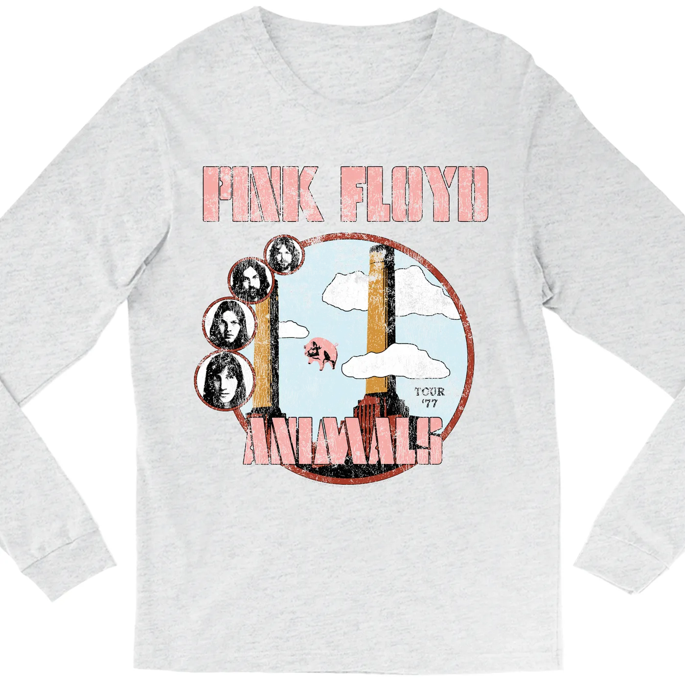 Pink Floyd Long Sleeve Shirt | Animals '77 Tour Pastel Design Distressed Pink Floyd Shirt