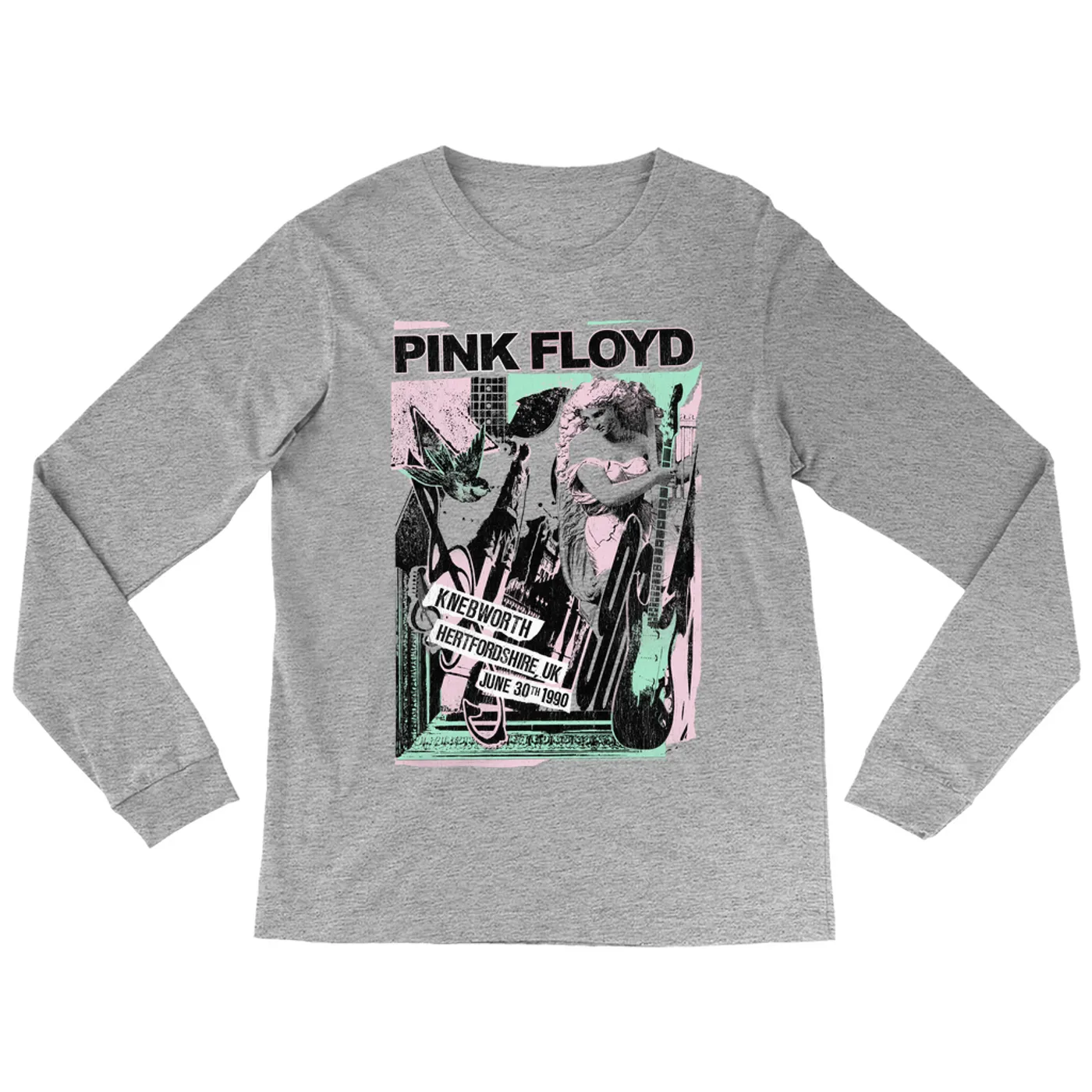 Pink Floyd Long Sleeve Shirt | Live At Hertfordshire UK Pastel Collage Concert Poster Distressed Pink Floyd Shirt (Merchbar Exclusive)