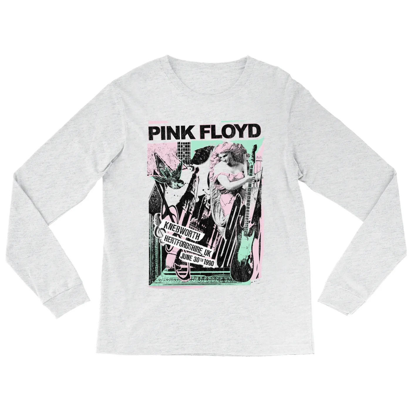 Pink Floyd Long Sleeve Shirt | Live At Hertfordshire UK Pastel Collage Concert Poster Distressed Pink Floyd Shirt (Merchbar Exclusive)