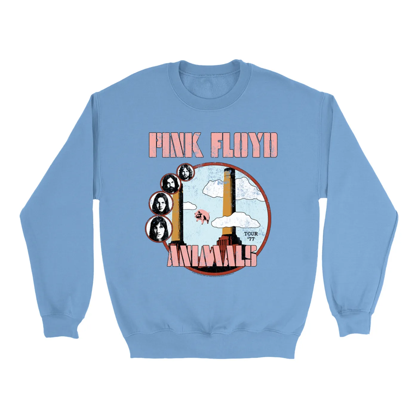 Pink Floyd Bright Colored Sweatshirt | Animals '77 Tour Pastel Design Distressed Pink Floyd Sweatshirt