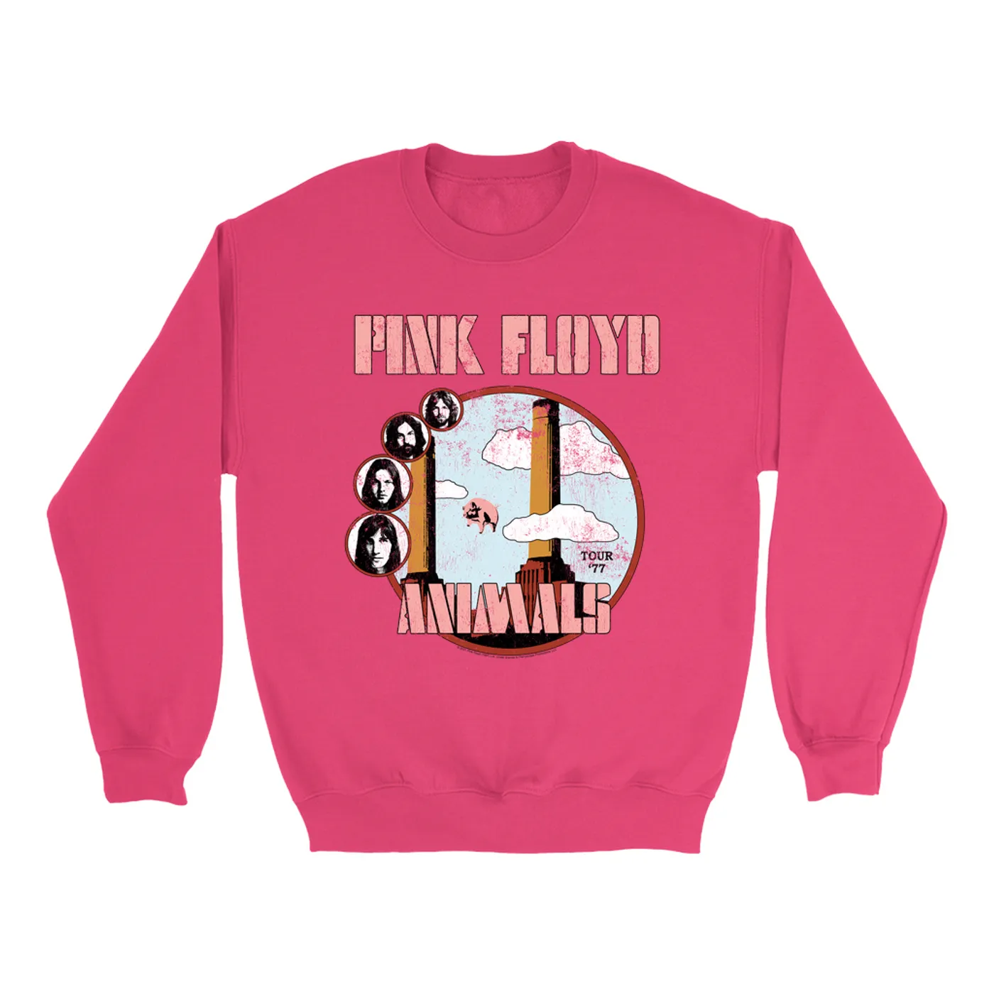 Pink Floyd Bright Colored Sweatshirt | Animals '77 Tour Pastel Design Distressed Pink Floyd Sweatshirt