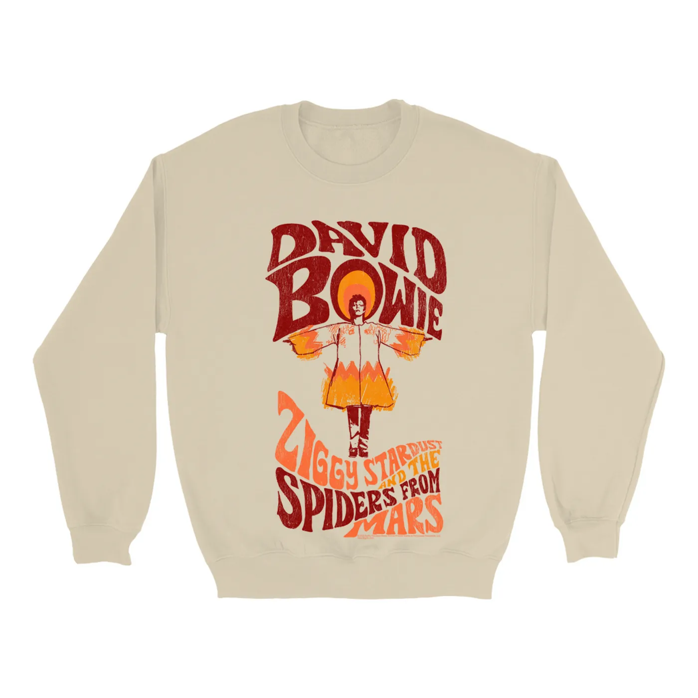 David Bowie Sweatshirt | Retro Orange Ziggy Stardust And The Spiders From Mars Distressed David Bowie Sweatshirt (Merchbar Exclusive)