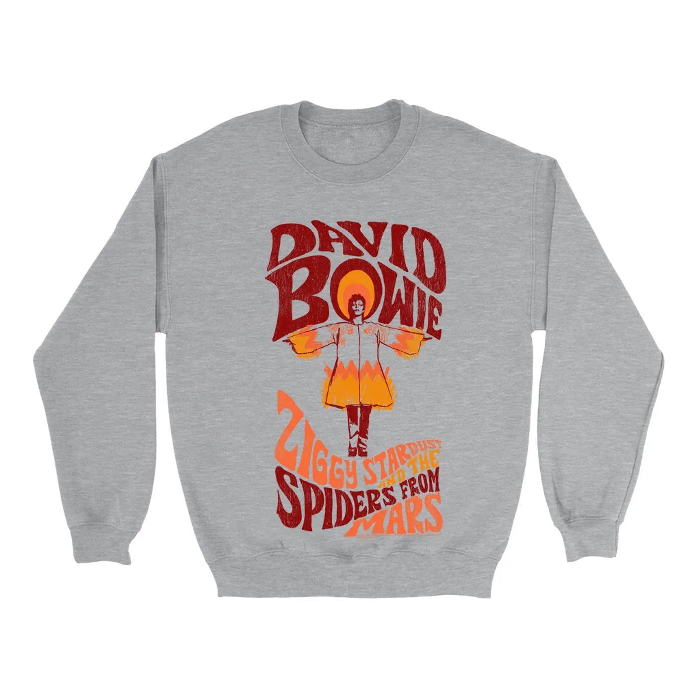 David Bowie Sweatshirt | Retro Orange Ziggy Stardust And The Spiders From Mars Distressed David Bowie Sweatshirt (Merchbar Exclusive)