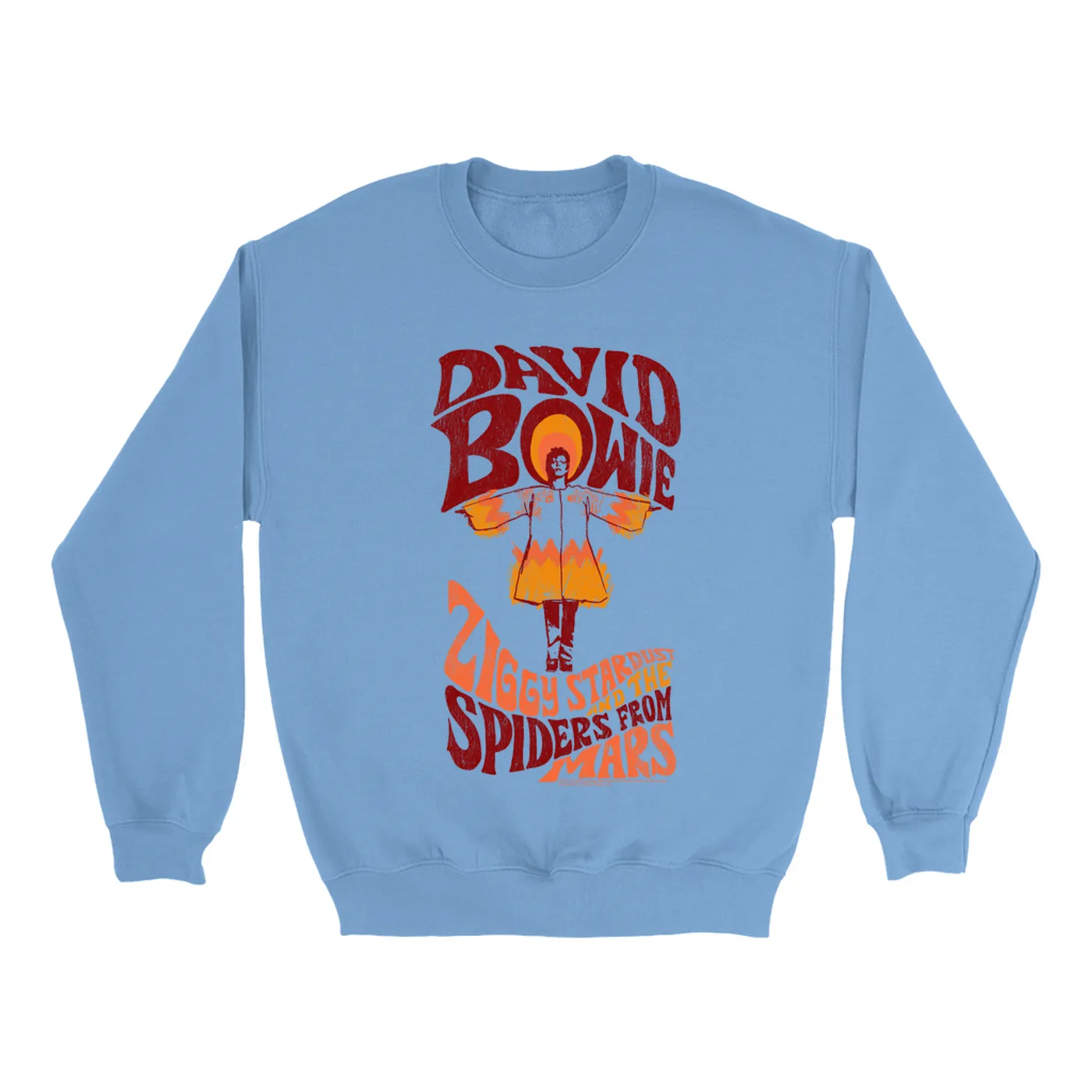 David Bowie Bright Colored Sweatshirt | Retro Orange Ziggy Stardust And The Spiders From Mars Distressed David Bowie Sweatshirt (Merchbar Exclusive)
