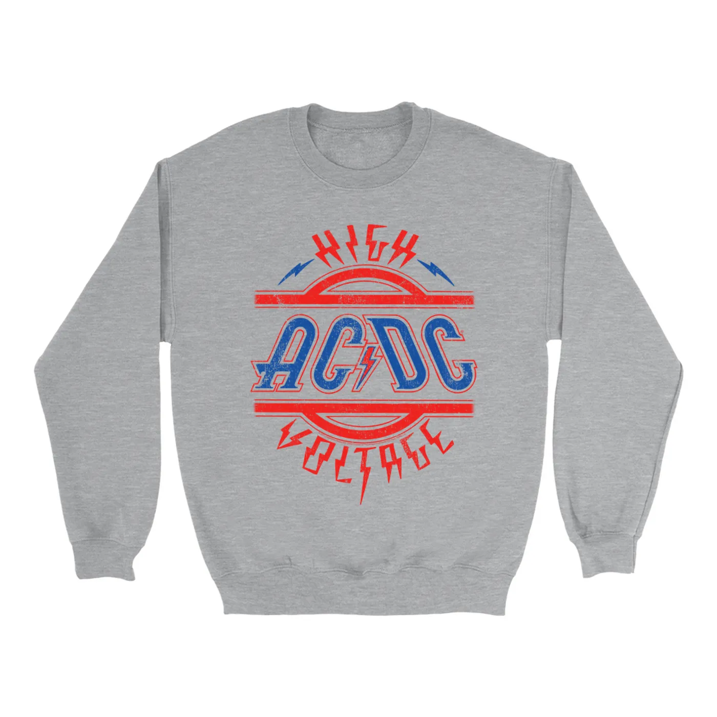 AC/DC Sweatshirt | Red and Blue High Voltage Distressed ACDC Sweatshirt (Merchbar Exclusive)