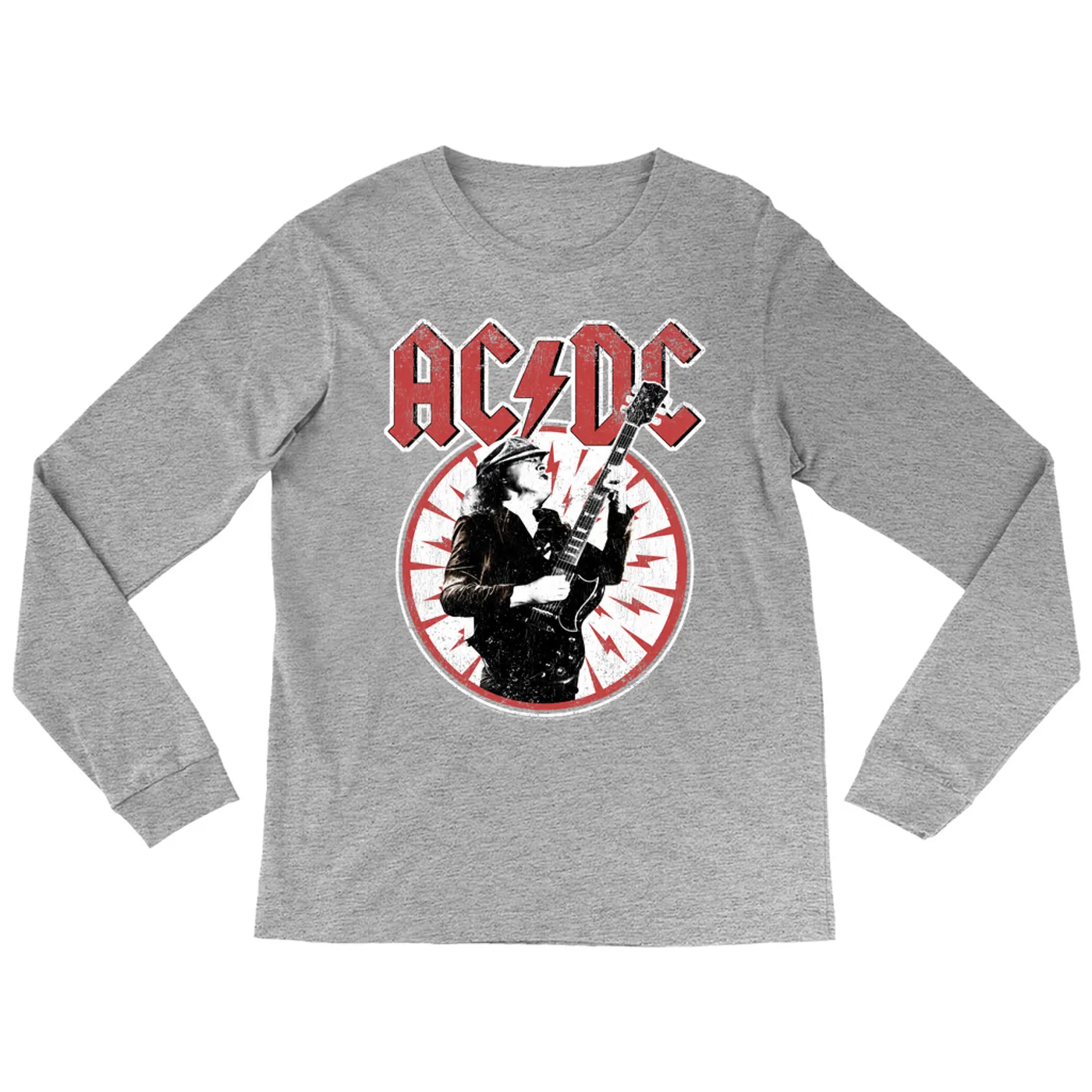 AC/DC Long Sleeve Shirt | Angus Young In Bolts Design Distressed ACDC Shirt (Merchbar Exclusive)