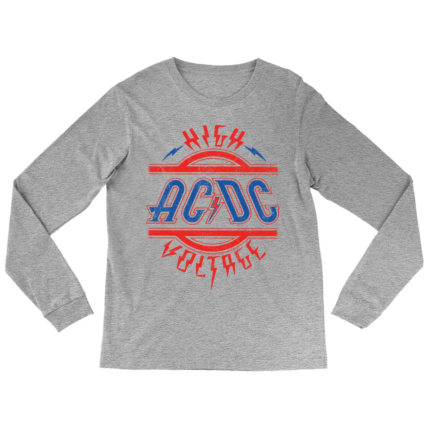 AC/DC Long Sleeve Shirt | Red and Blue High Voltage Distressed ACDC Shirt (Merchbar Exclusive)