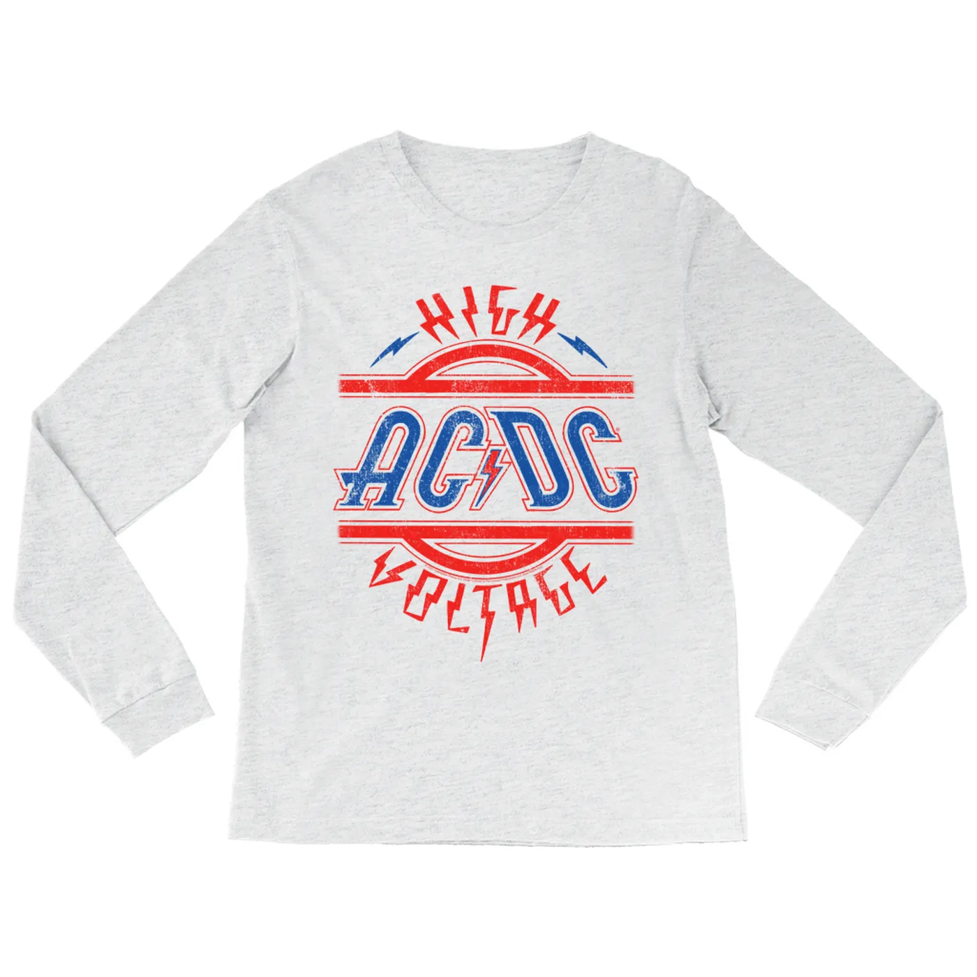 AC/DC Long Sleeve Shirt | Red and Blue High Voltage Distressed ACDC Shirt (Merchbar Exclusive)