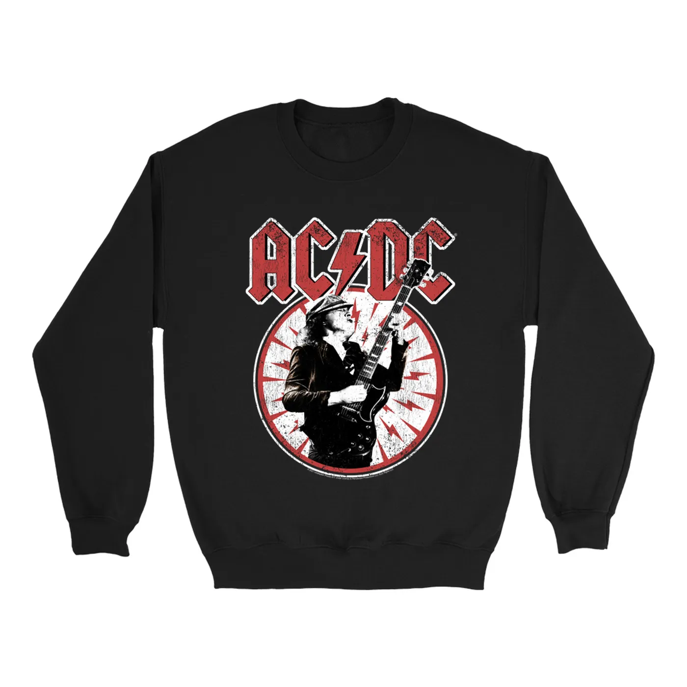 AC/DC Sweatshirt | Angus Young In Bolts Design Distressed ACDC Sweatshirt (Merchbar Exclusive)