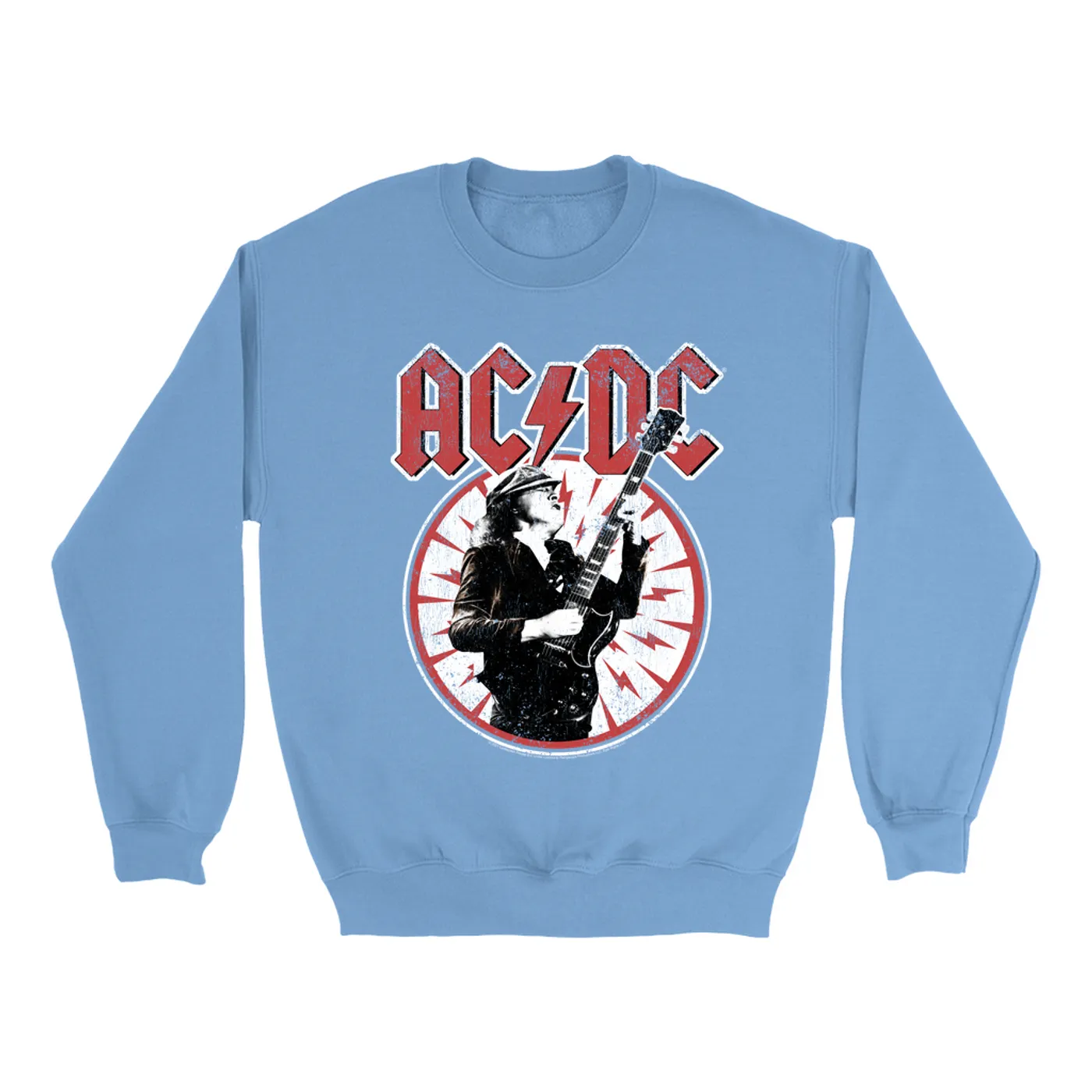 AC/DC Bright Colored Sweatshirt | Angus Young In Bolts Design Distressed ACDC Sweatshirt (Merchbar Exclusive)