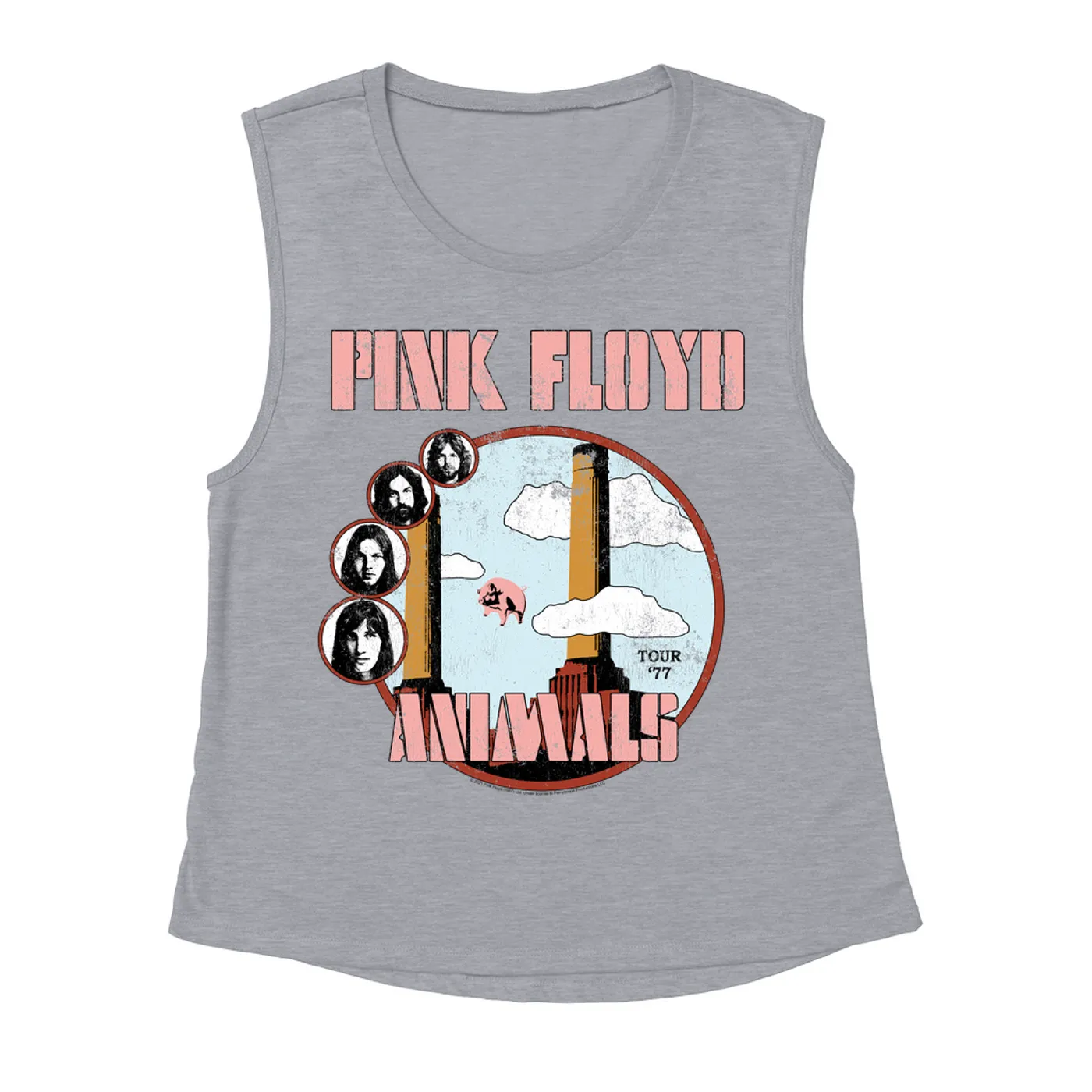Pink Floyd Ladies' Muscle Tank Top | Animals '77 Tour Pastel Design Distressed Pink Floyd Shirt