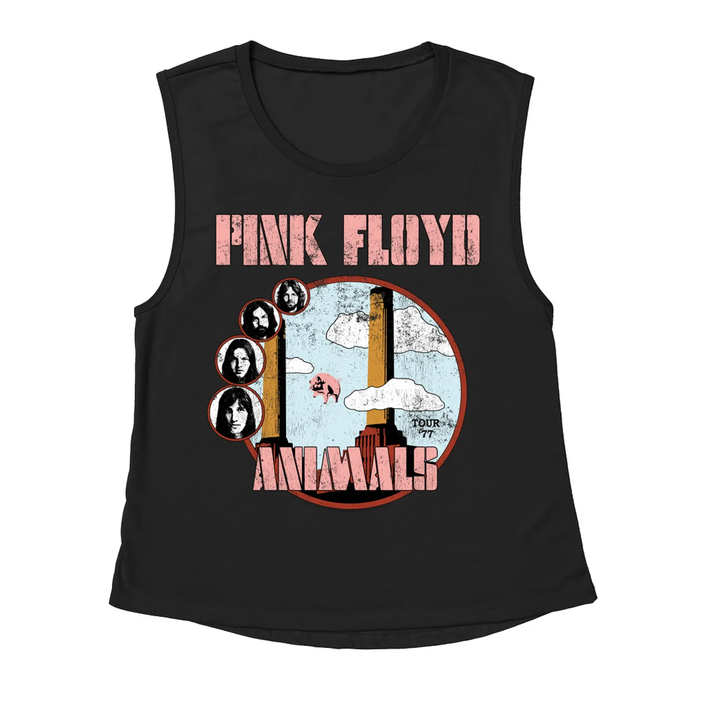 Pink Floyd Ladies' Muscle Tank Top | Animals '77 Tour Pastel Design Distressed Pink Floyd Shirt